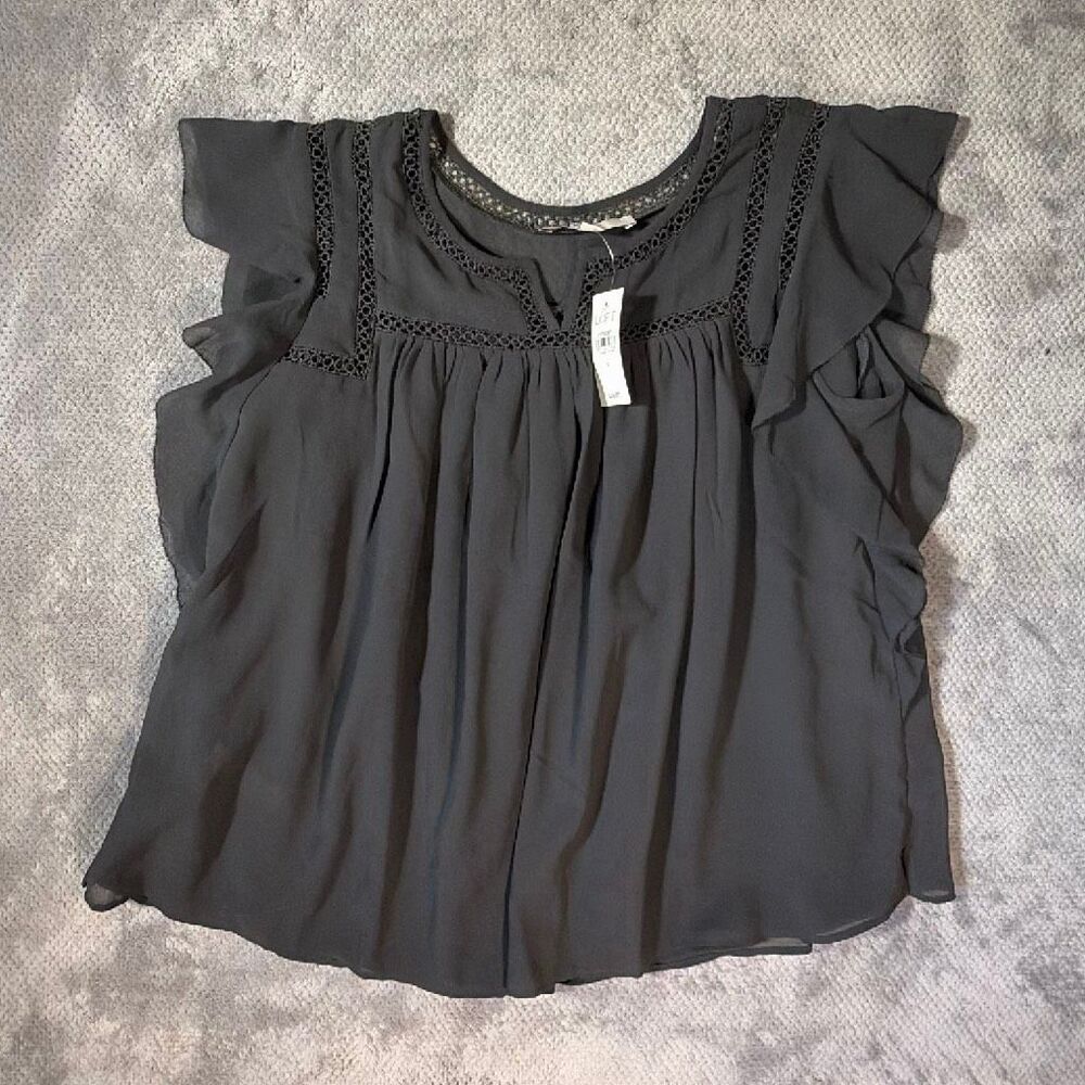 LOFT Small Charcoal Gray Ruffle Sleeve Lace Trim Blouse Business Office NEW - Picture 2 of 9